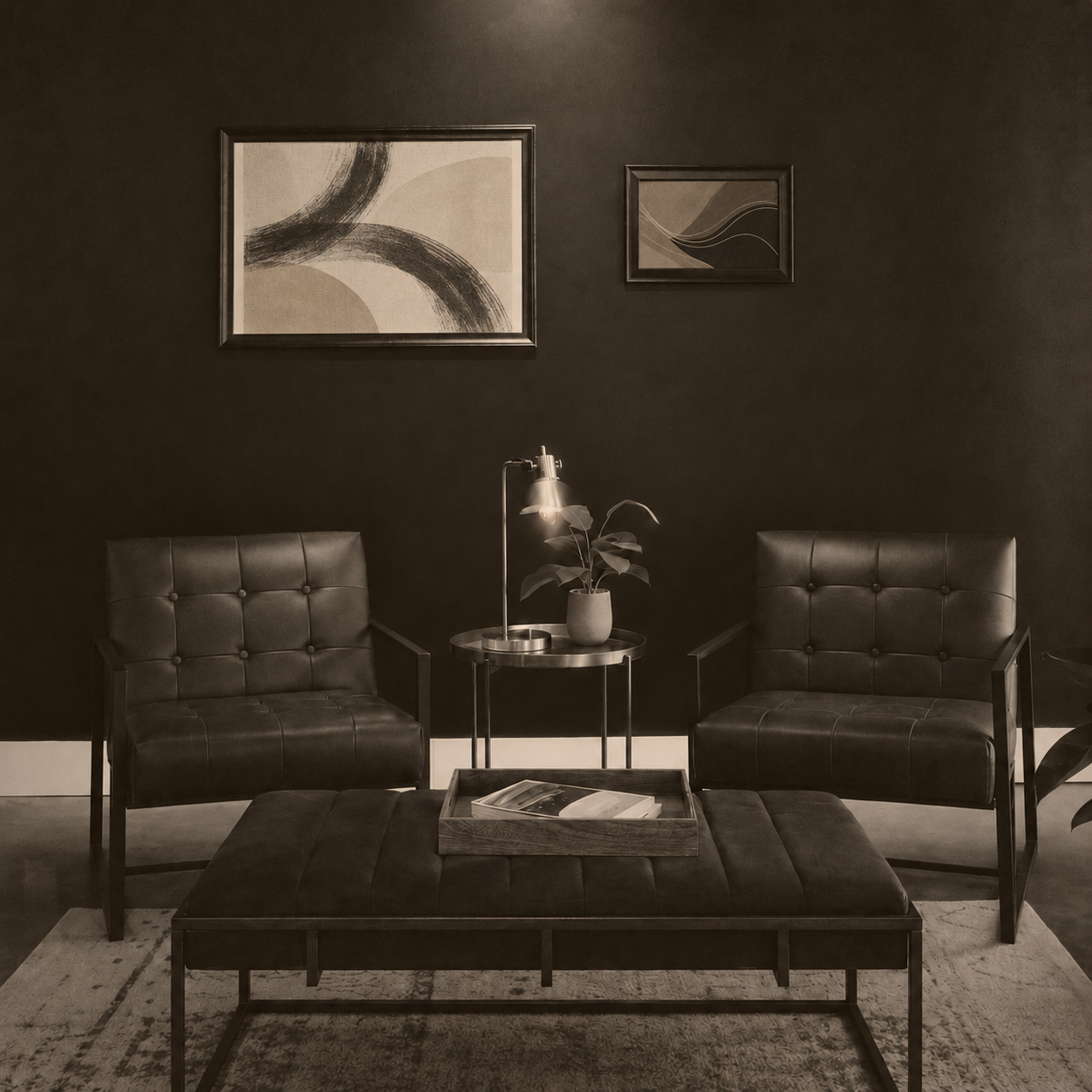 A quiet interior with leather lounge chairs and warm light