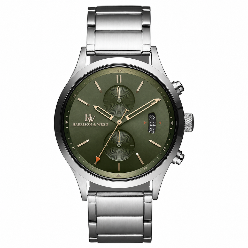 Men's Olive Green Chronograph Watch - Silver Tone