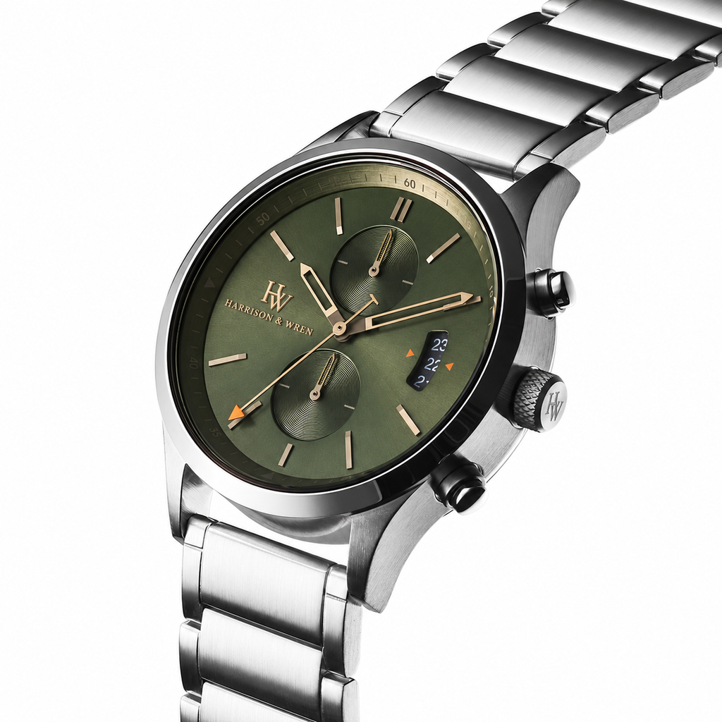Men's Olive Green Chronograph Watch - Silver Tone