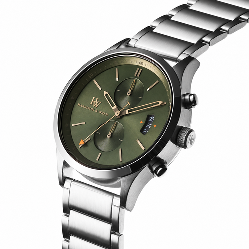 Men's Olive Green Chronograph Watch - Silver Tone