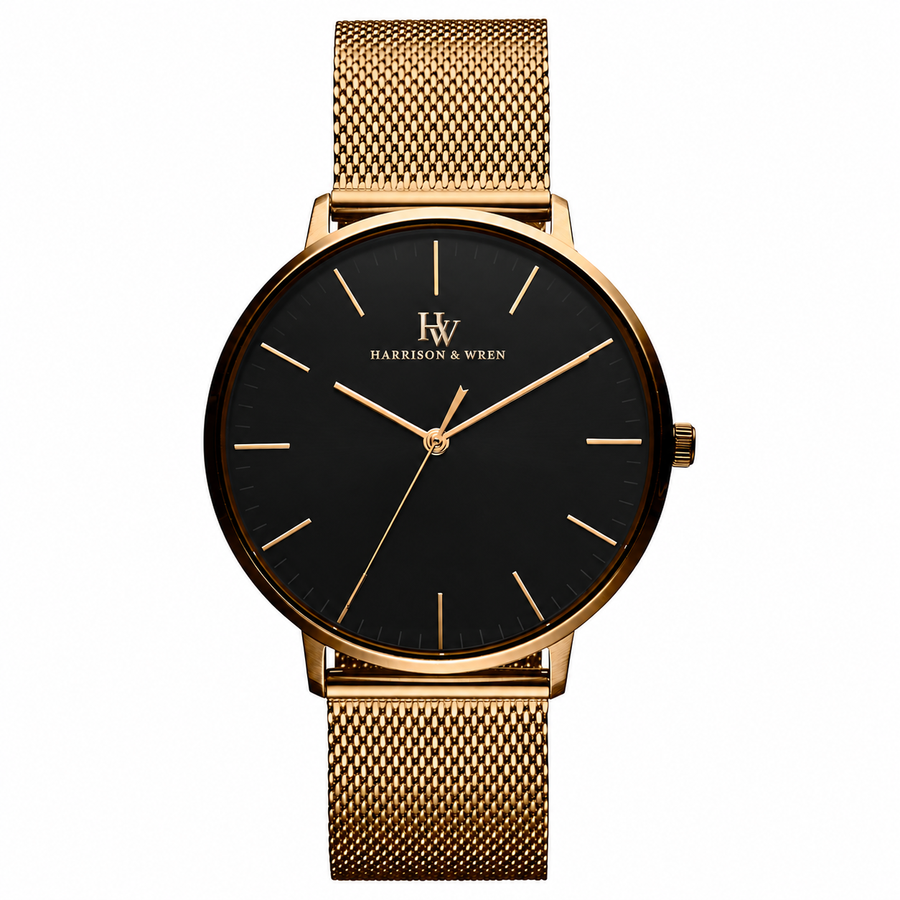 Men's Gold-Tone Mesh Watch - Black Dial