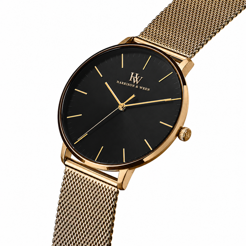 Men's Gold-Tone Mesh Watch - Black Dial