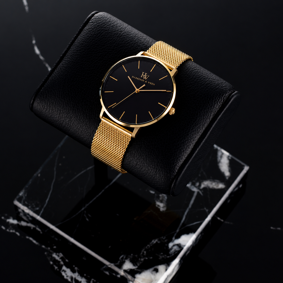 Men's Gold-Tone Mesh Watch - Black Dial