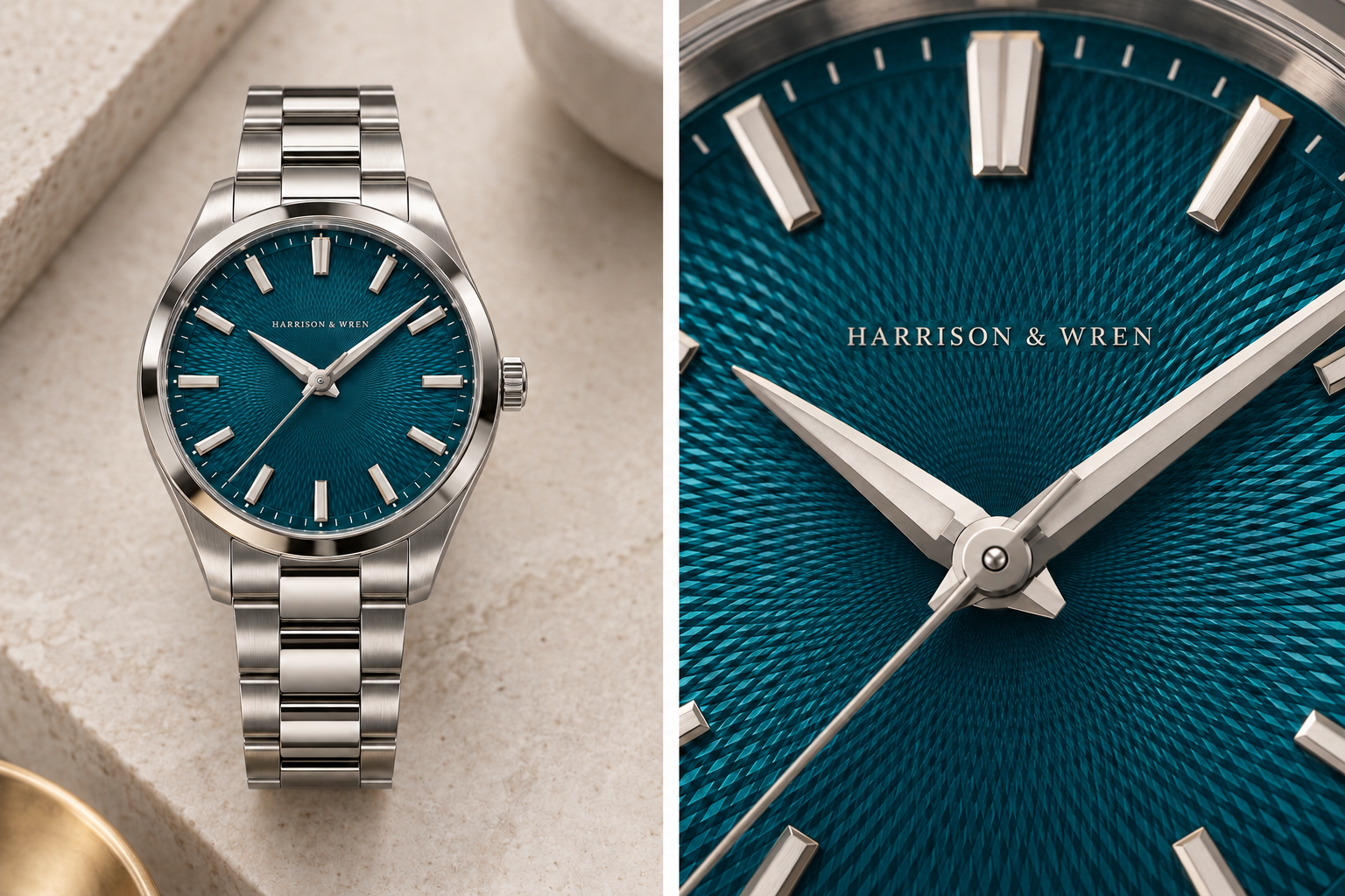 Harrison & Wren teal watch: full stainless steel timepiece and dial detail