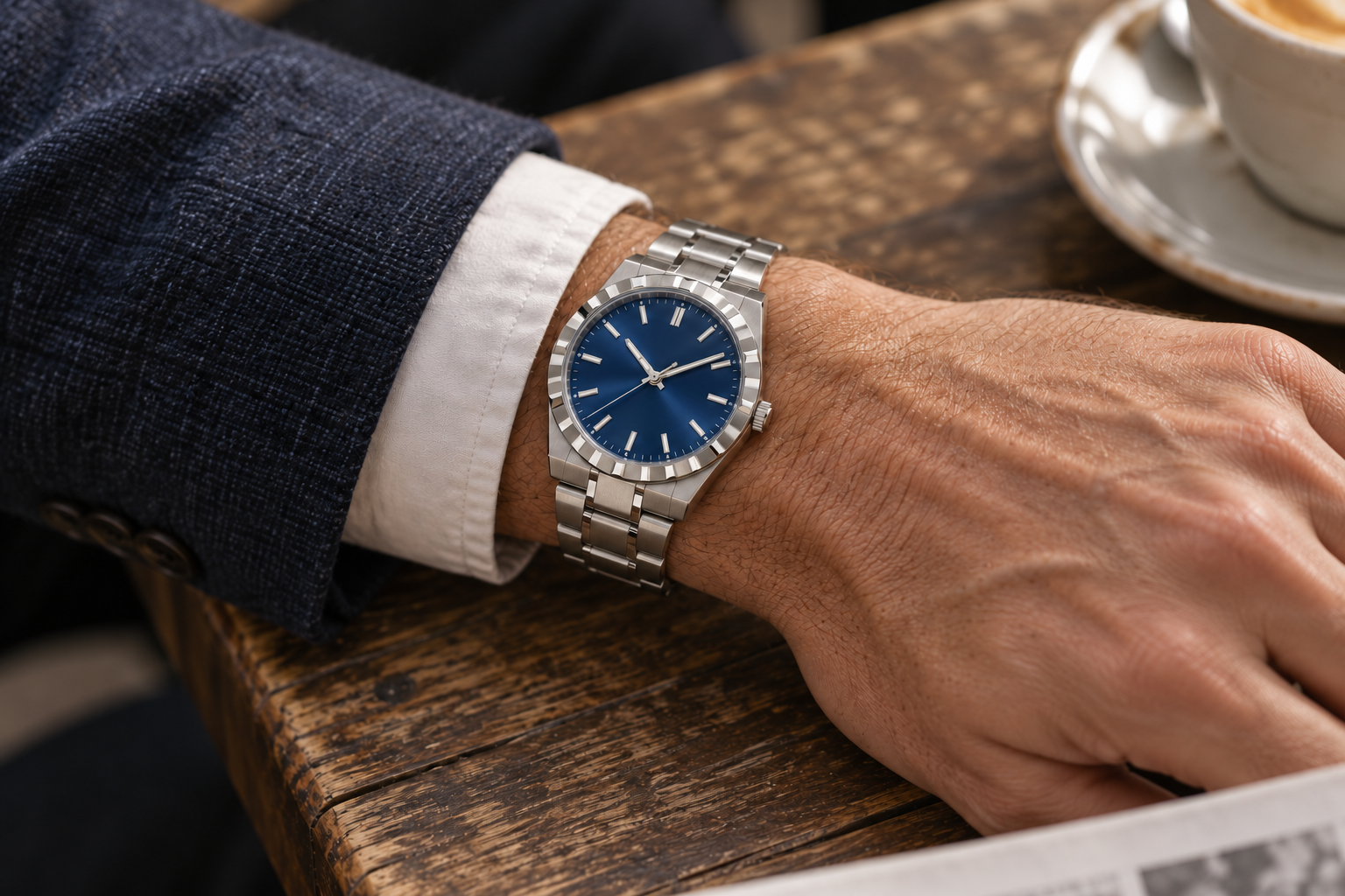Harrison & Wren blue dial watch worn at a café