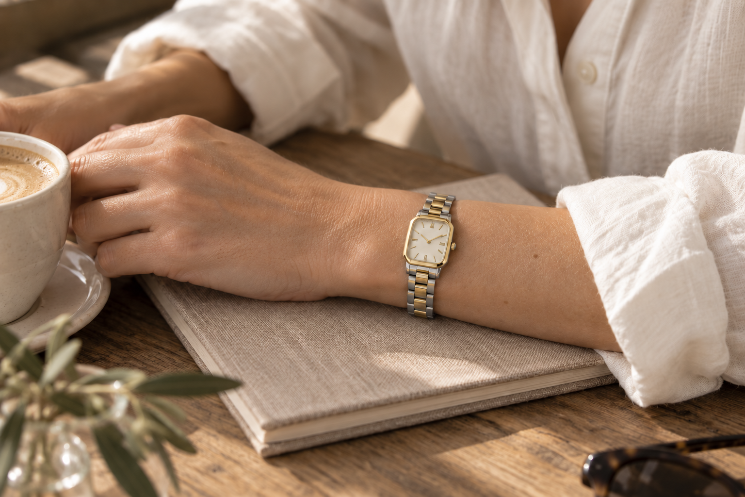 Harrison & Wren two-tone watch worn with an ivory cotton shirt